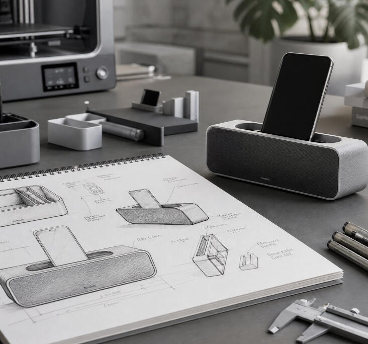 Industrial design sketch modeling and orthographic prototyping process for secondary school portfolio guidance.